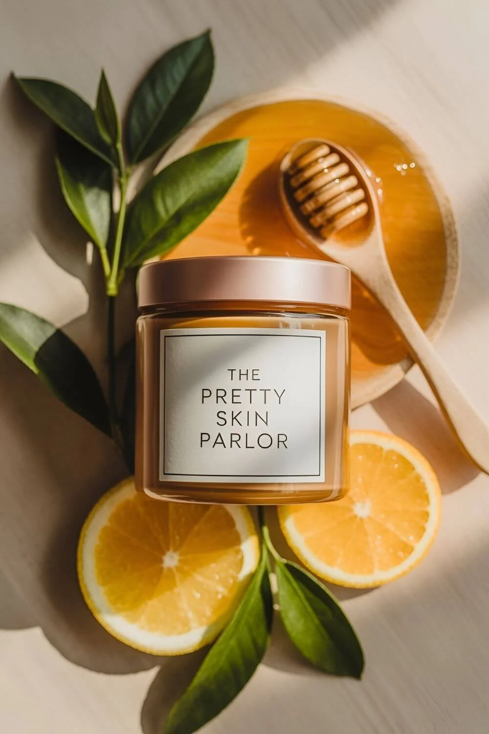 Aesthetic brand-style image — a glass jar labeled “The Pretty Skin Parlor,” surrounded by natural elements (green tea leaves, honey, citrus), soft golden glow lighting.