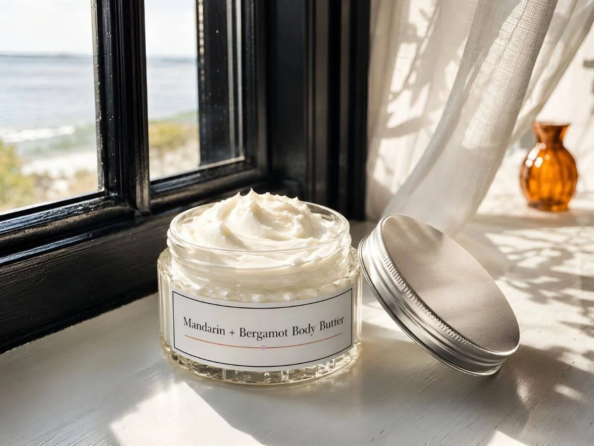 Open jar of homemade Mandarin + Bergamot Body Butter on a sunlit windowsill beside its silver lid, with an ocean view and soft white curtains in the background.