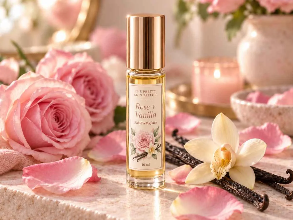 Handcrafted Rose Vanilla Roll-On Perfume Oil bottle surrounded by rose petals and vanilla pods