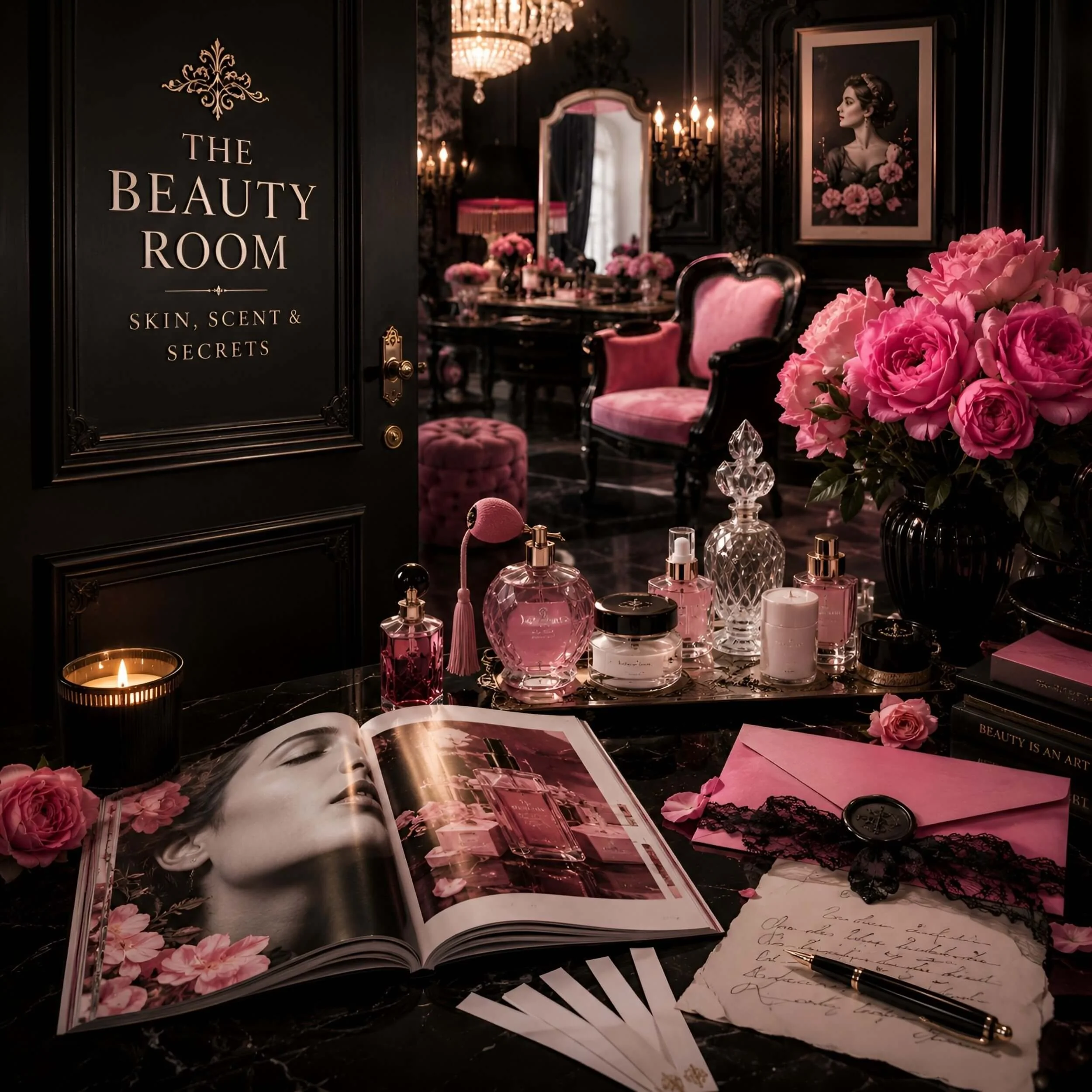 Luxurious black-and-pink vintage beauty room with an open door labeled “The Beauty Room: Skin, Scent & Secrets,” surrounded by perfume bottles, skincare jars, roses, an open beauty magazine, and a sealed pink letter.