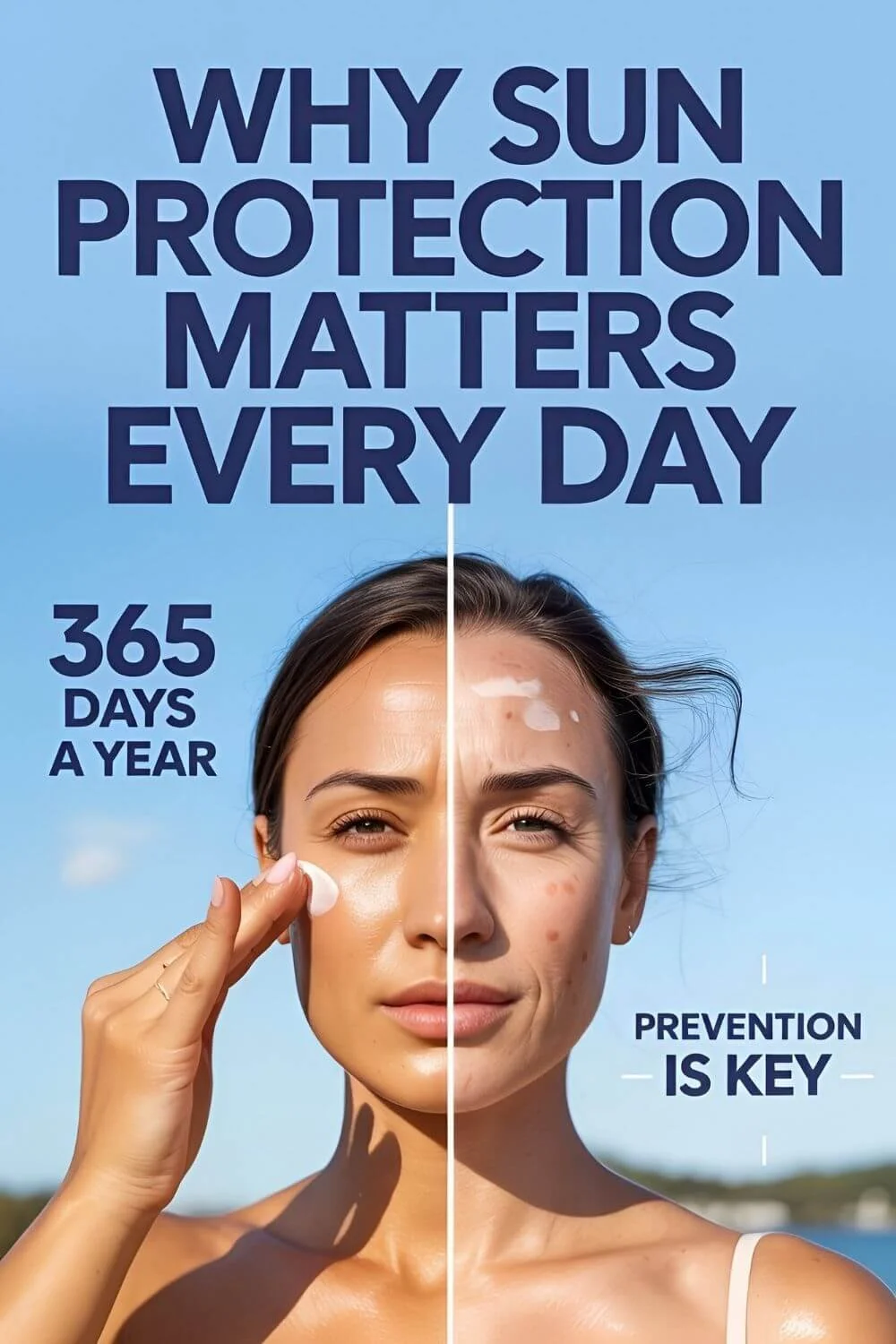 Poster-style image reading “Why Sun Protection Matters Every Day” showing a woman applying sunscreen, with a split-face before/after effect and text “365 days a year” and “Prevention is key.”