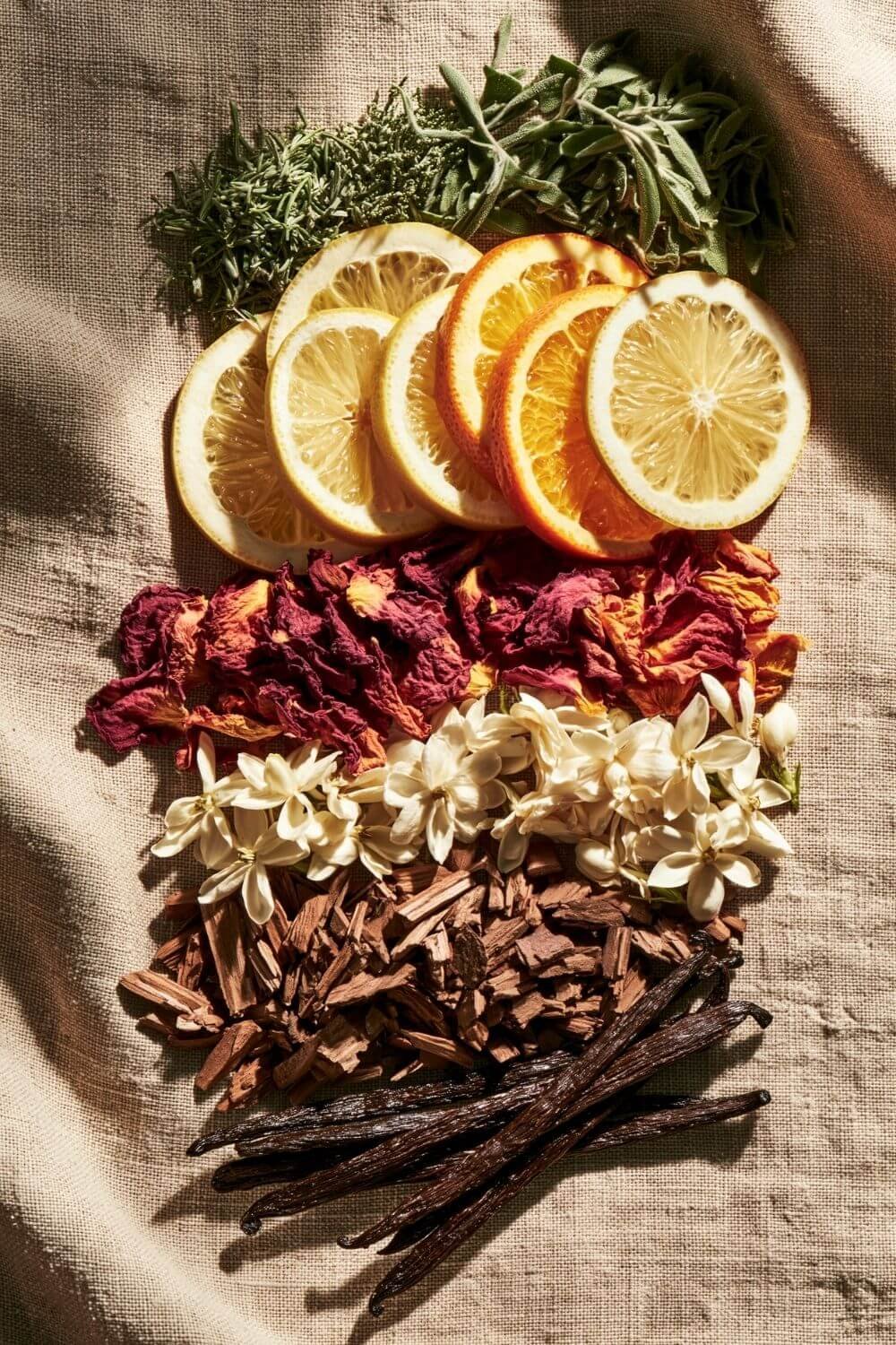 Perfume ingredients including citrus slices, dried roses, jasmine flowers, sandalwood, vanilla beans, and fresh herbs arranged on linen fabric.