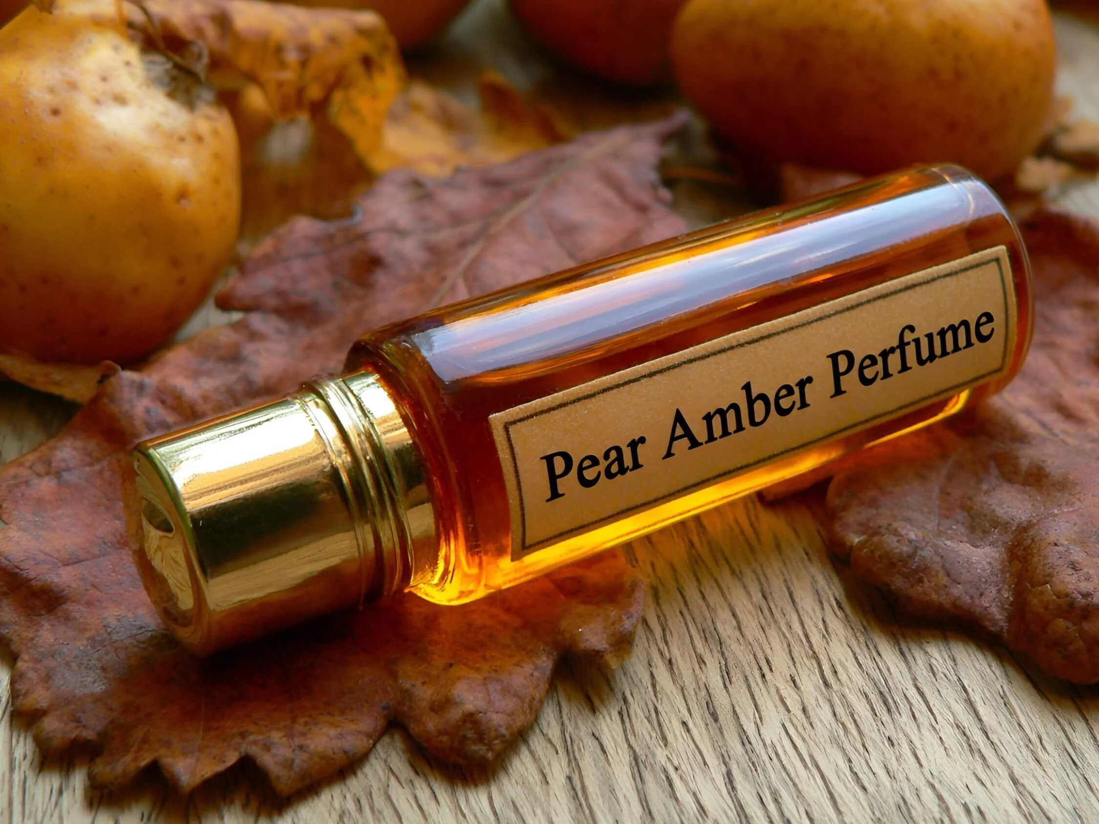 A glass roll-on perfume bottle labeled "Pear Amber Perfume" resting on autumn leaves next to fresh pears.