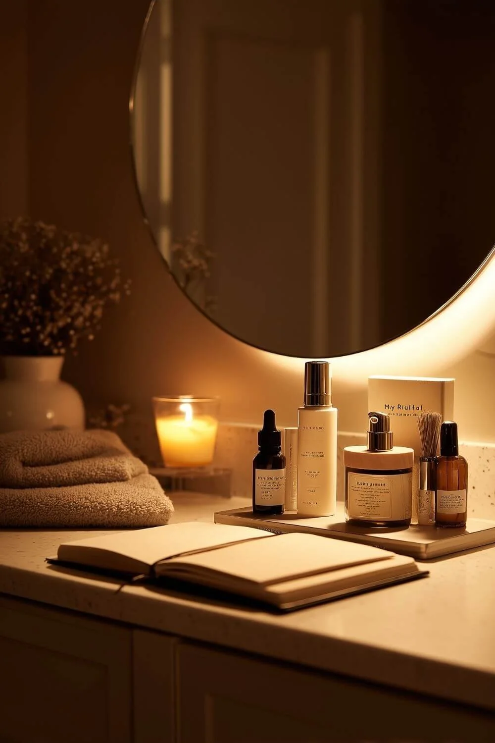 A calming vanity at dusk — candle lit, mirror, skincare bottles glowing softly, and a small journal titled “My Ritual.” Beige tones, serene atmosphere, warm lighting.