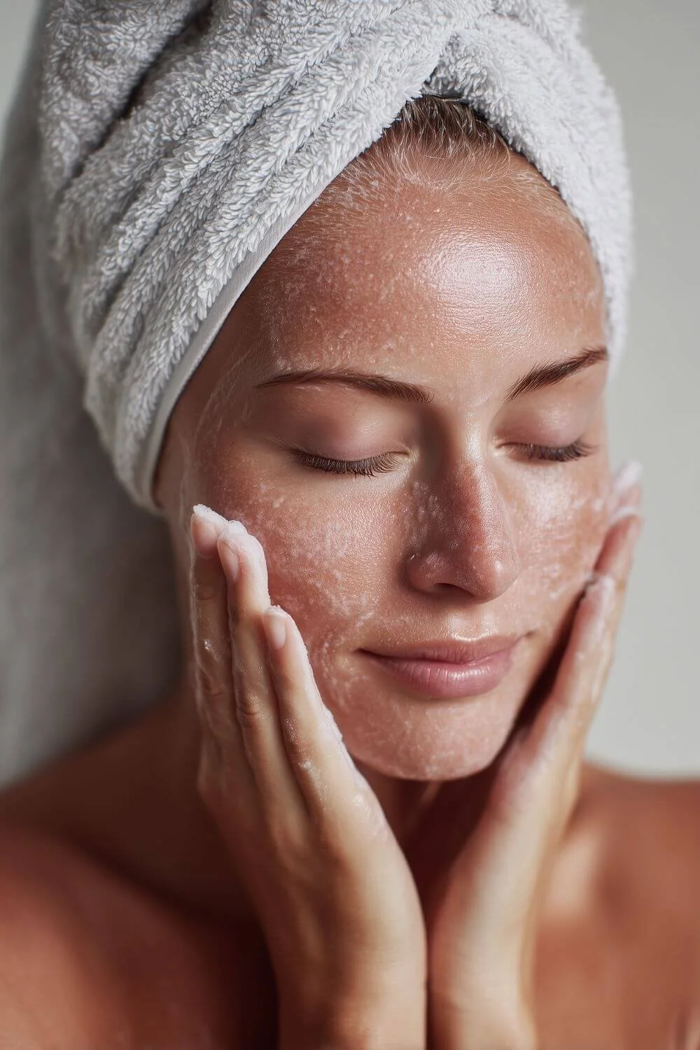 Close-up of a woman with a towel wrapped around her hair gently cleansing her face with foamy cleanser, eyes closed.