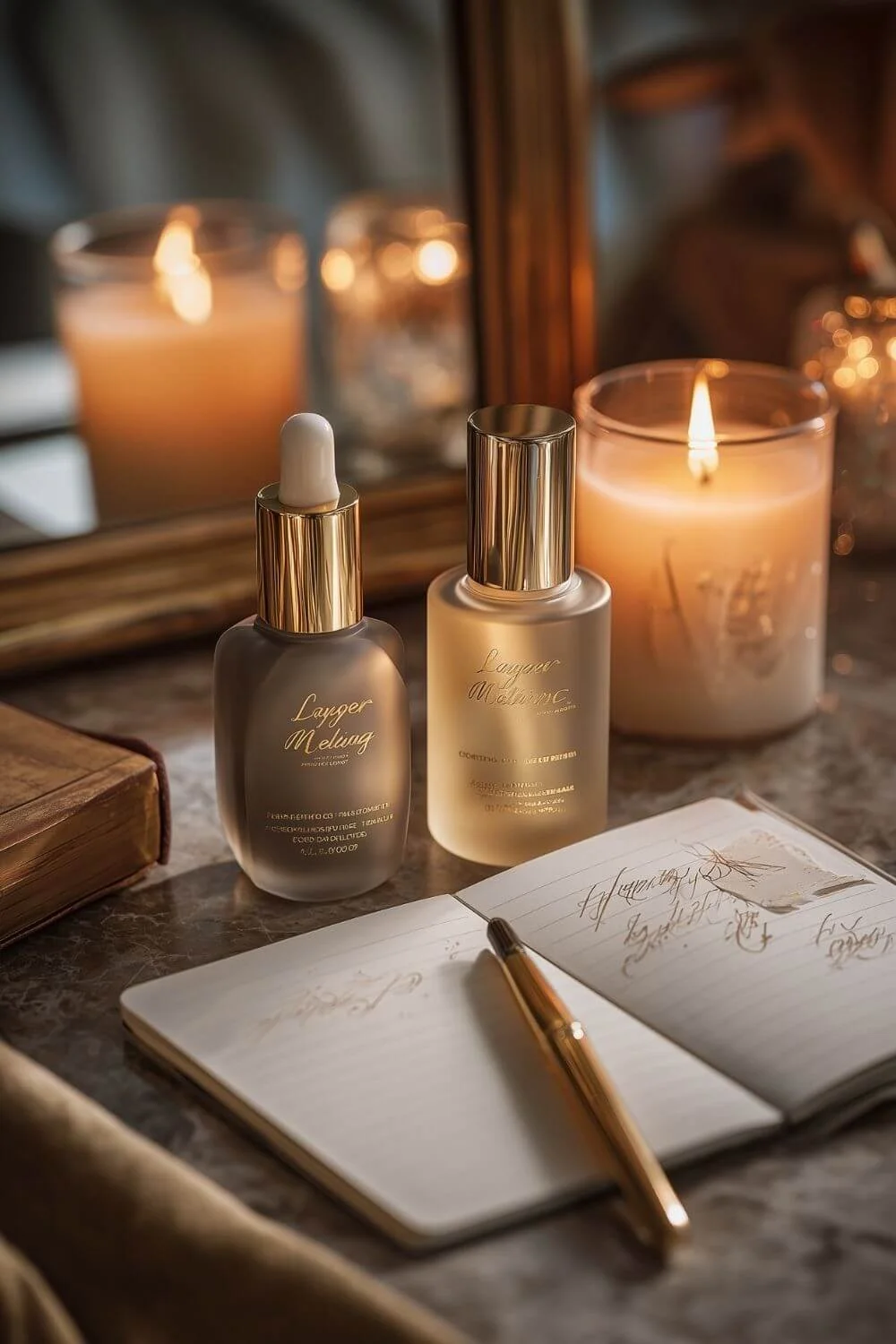 A refined vanity scene — skincare bottles with gold or frosted finishes beside a mirror, soft candlelight, notebook open with “Layering Method” written elegantly.