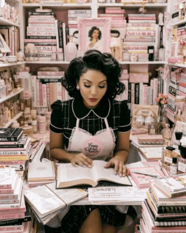 Woman with dark, curly hair reading a book at a cluttered desk surrounded by pink books and beauty products in a pink-themed room.