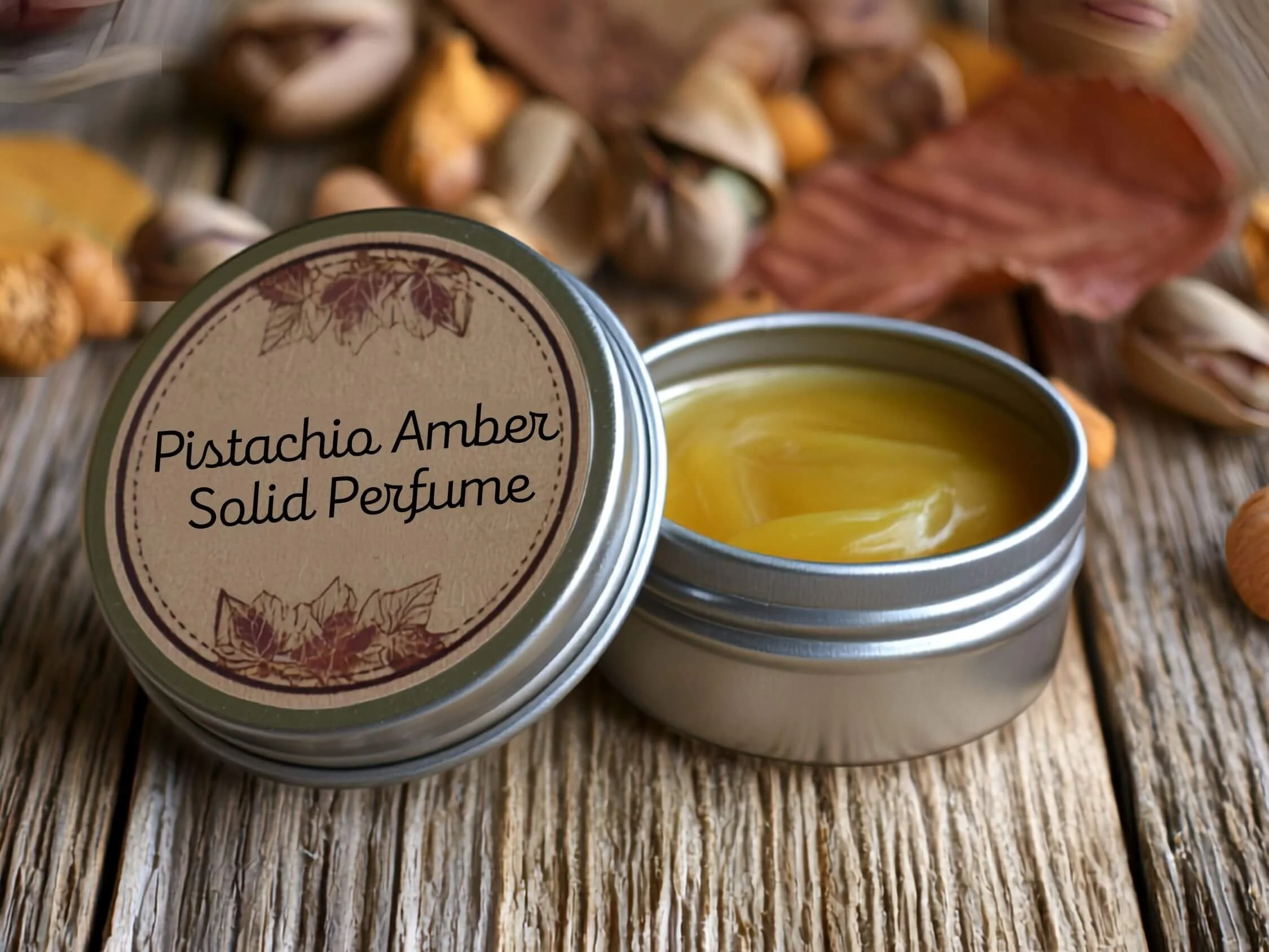Small metal tin of pistachio amber solid perfume with a rustic labeled lid resting on a wooden table, surrounded by whole pistachios and autumn leaves.