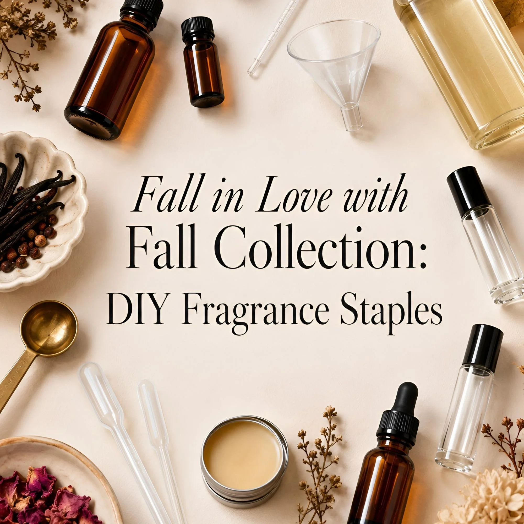 Fall in Love with Fall Collection: DIY Fragrance Staples cover featuring fragrance bottles, roll-ons, pipettes, a funnel, and autumn leaves on a cream background.
