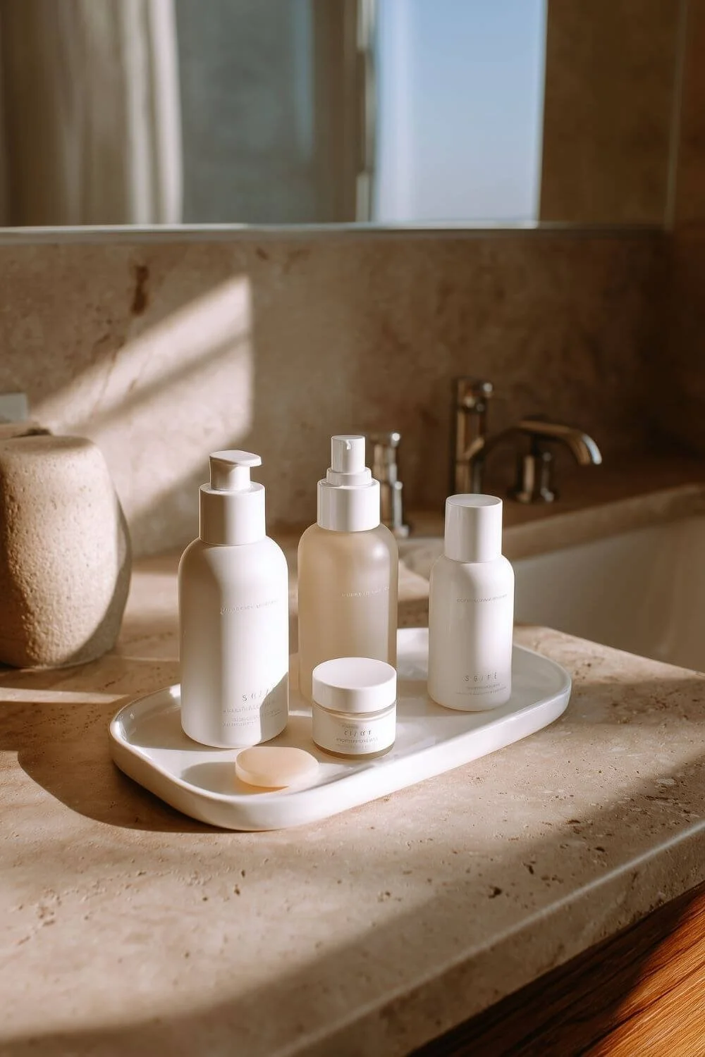 A simple vanity setup with skincare bottles in order — cleanser, toner, serum, moisturizer, SPF — arranged by texture and size. Neutral aesthetic, natural light.