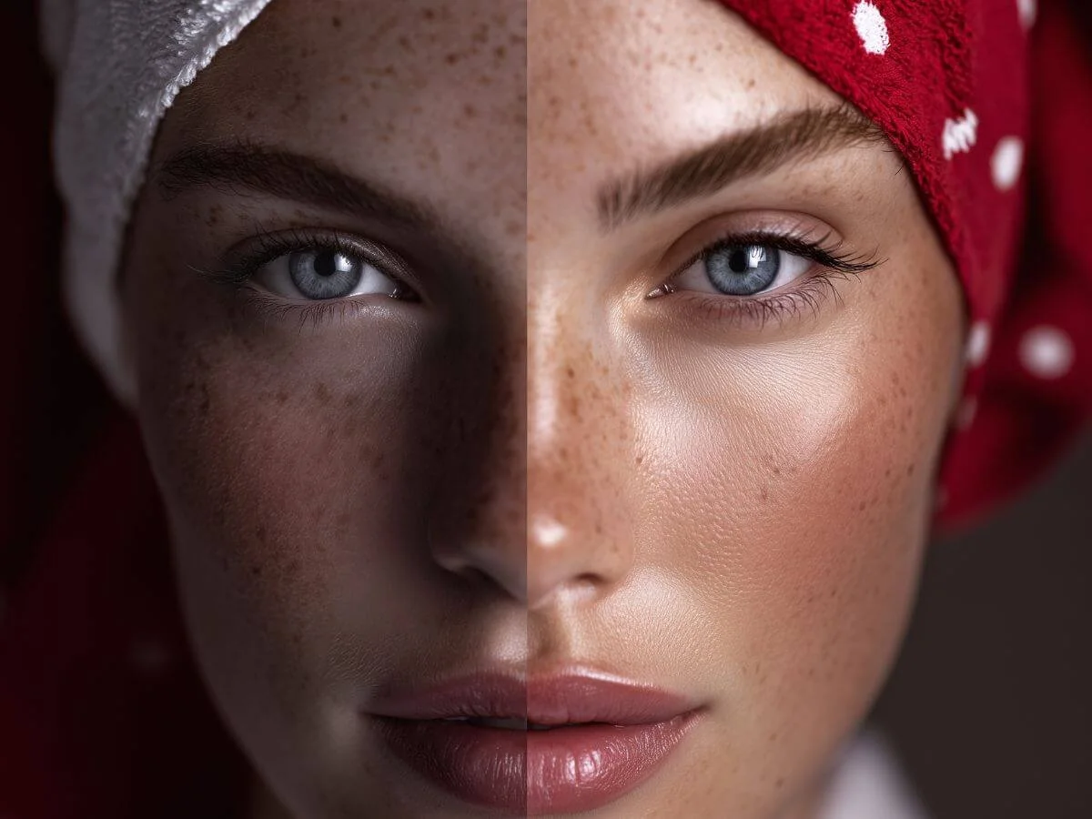 hyperealistic image with two women in Morning vs. Night skin Routines Protect by Day, Repair by Night