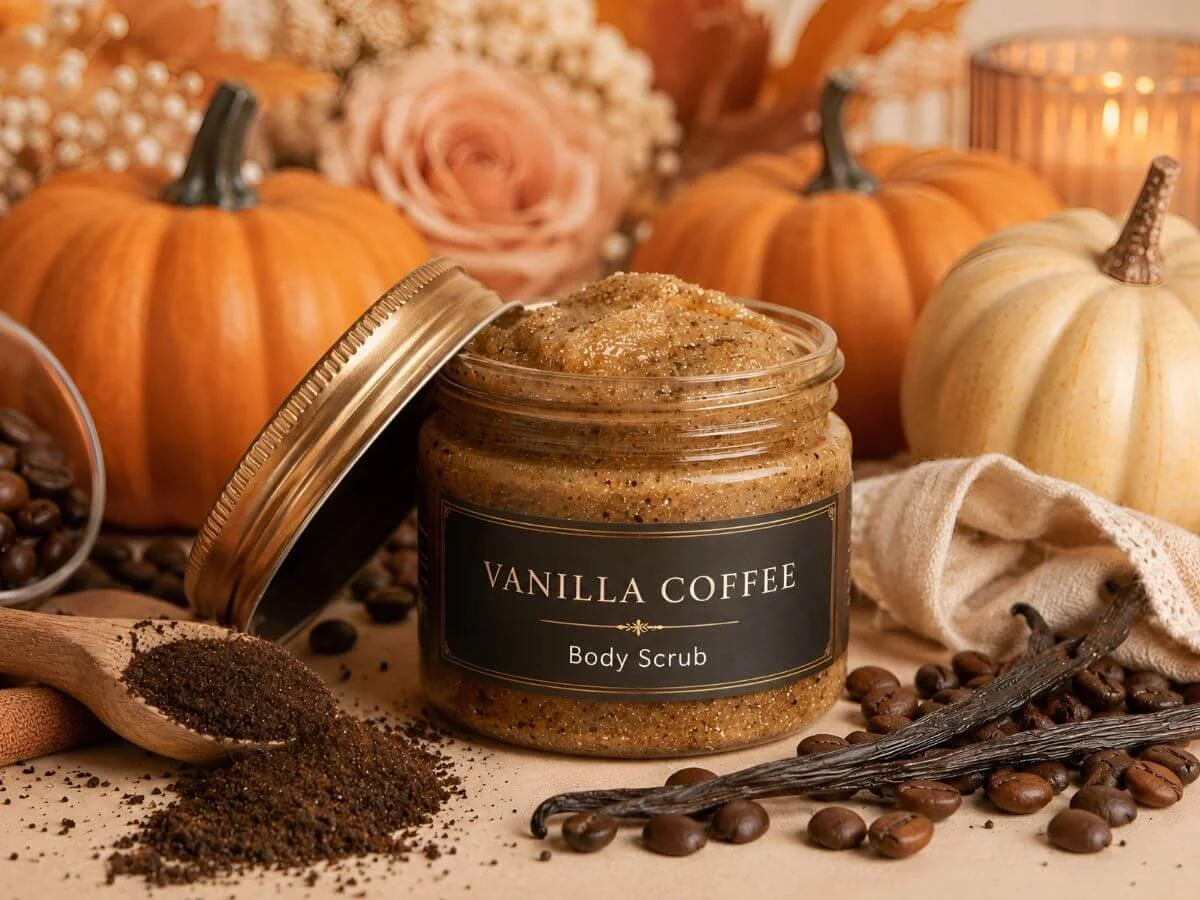 Jar of DIY fall coffee and vanilla body scrub surrounded by coffee grounds, a pumpkin, and autumn decor.