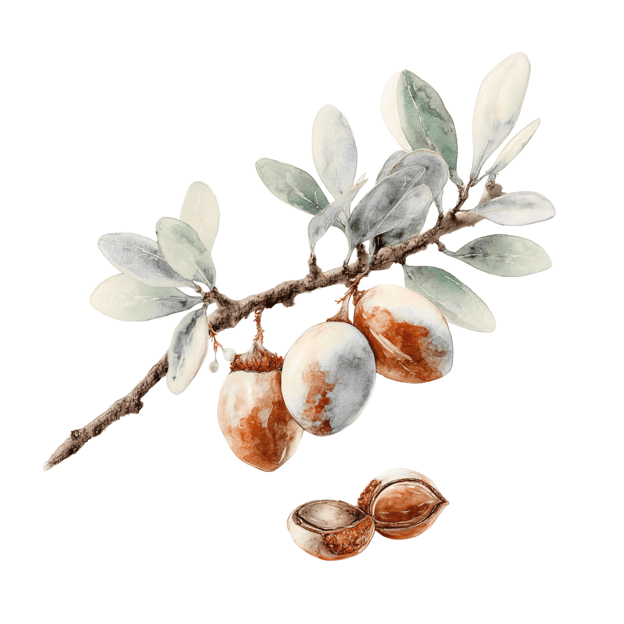 Watercolor-style illustration of an argan tree branch with green leaves and argan fruits, including a cracked nut, shown against a black background.