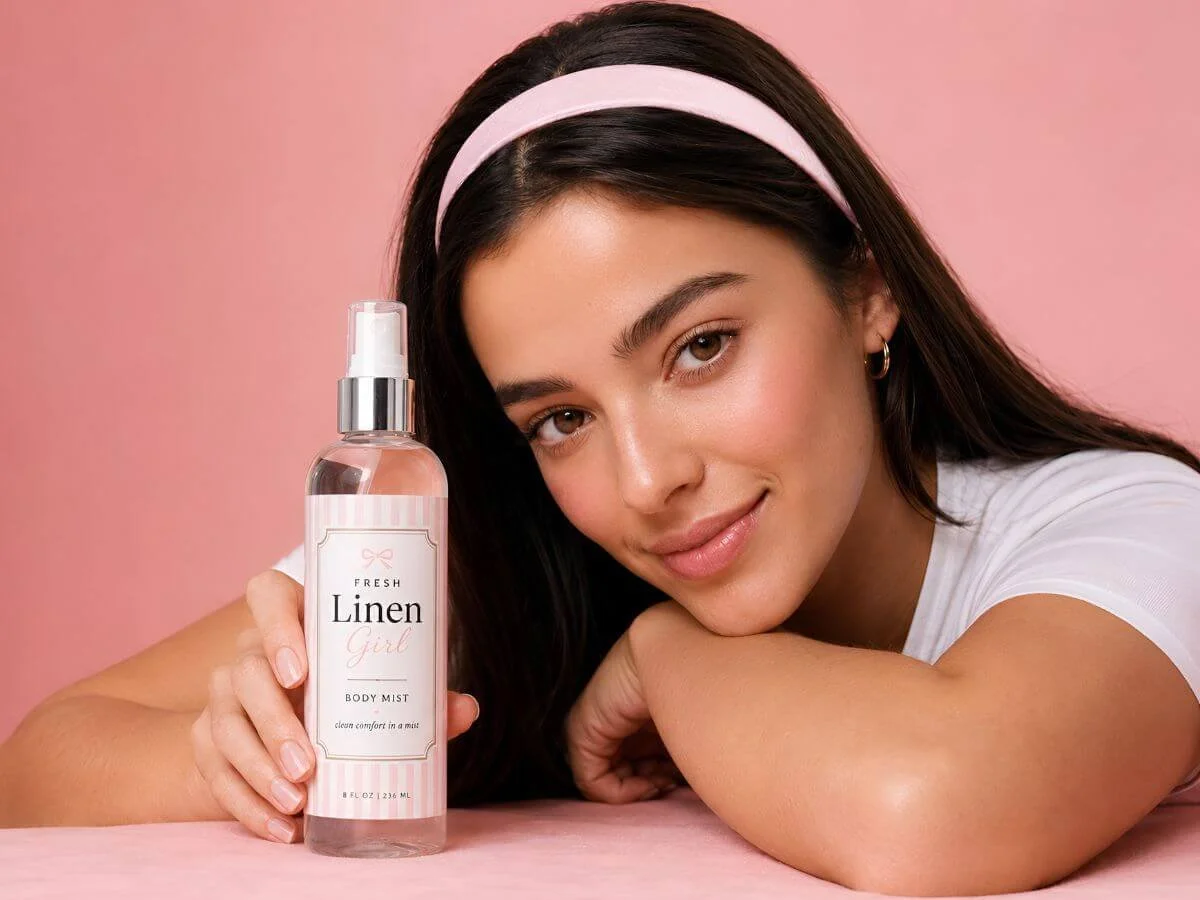 Fresh Linen Girl body mist held by woman in white t-shirt against soft pink background.
