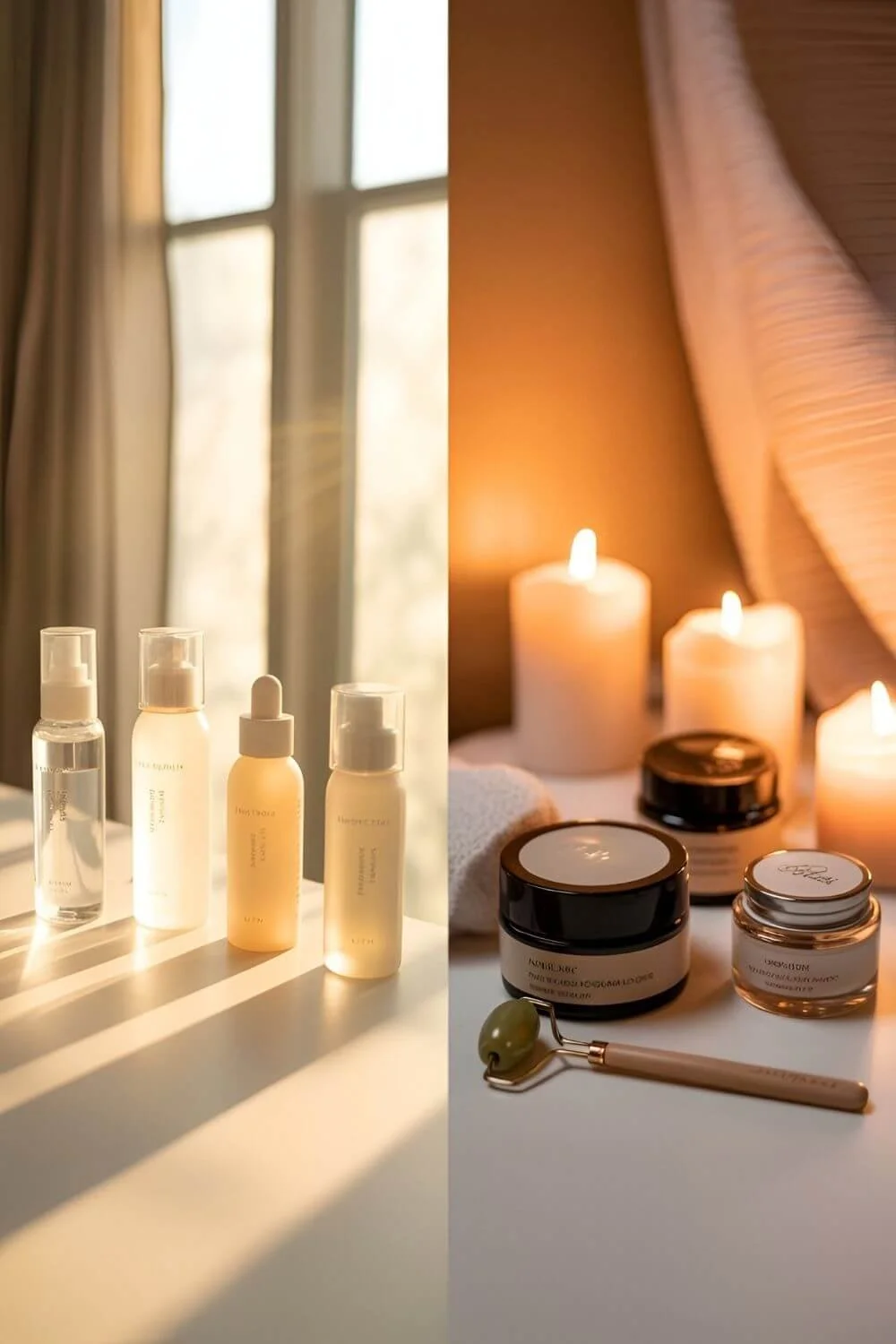 A split image showing morning and night routines — left side with light products and sunshine tones, right side with richer creams and candlelight glow. Soft neutral background, elegant symmetry.