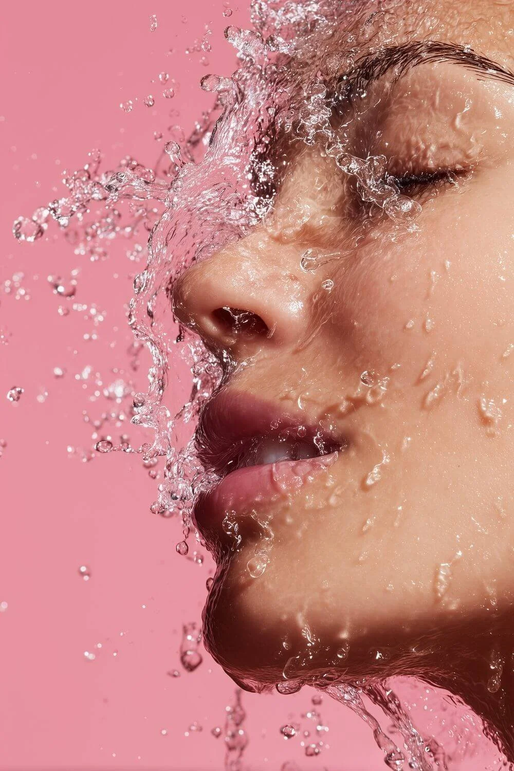 Close-up side profile of a woman’s face with eyes closed as water splashes across her skin against a pink background, representing skincare hydration.