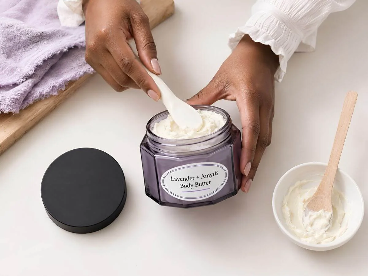 Hands scoop homemade Lavender + Amyris Body Butter from an open purple glass jar on a white surface, beside a black lid, lavender cloth, and a small bowl of whipped body butter.
