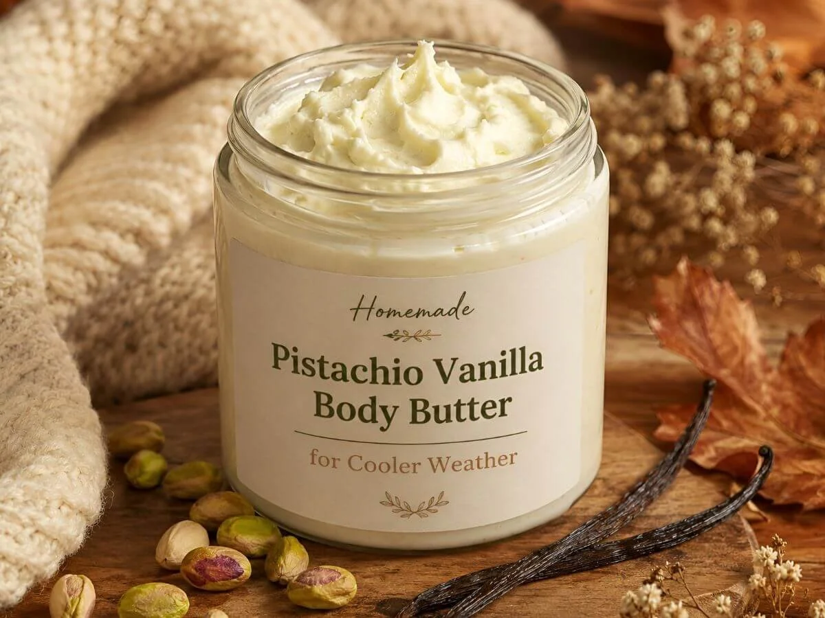 Glass jar of whipped Pistachio Vanilla Body Butter with a cream label, nestled beside a cozy cable-knit blanket, whole pistachios, vanilla beans, and dried autumn flowers.