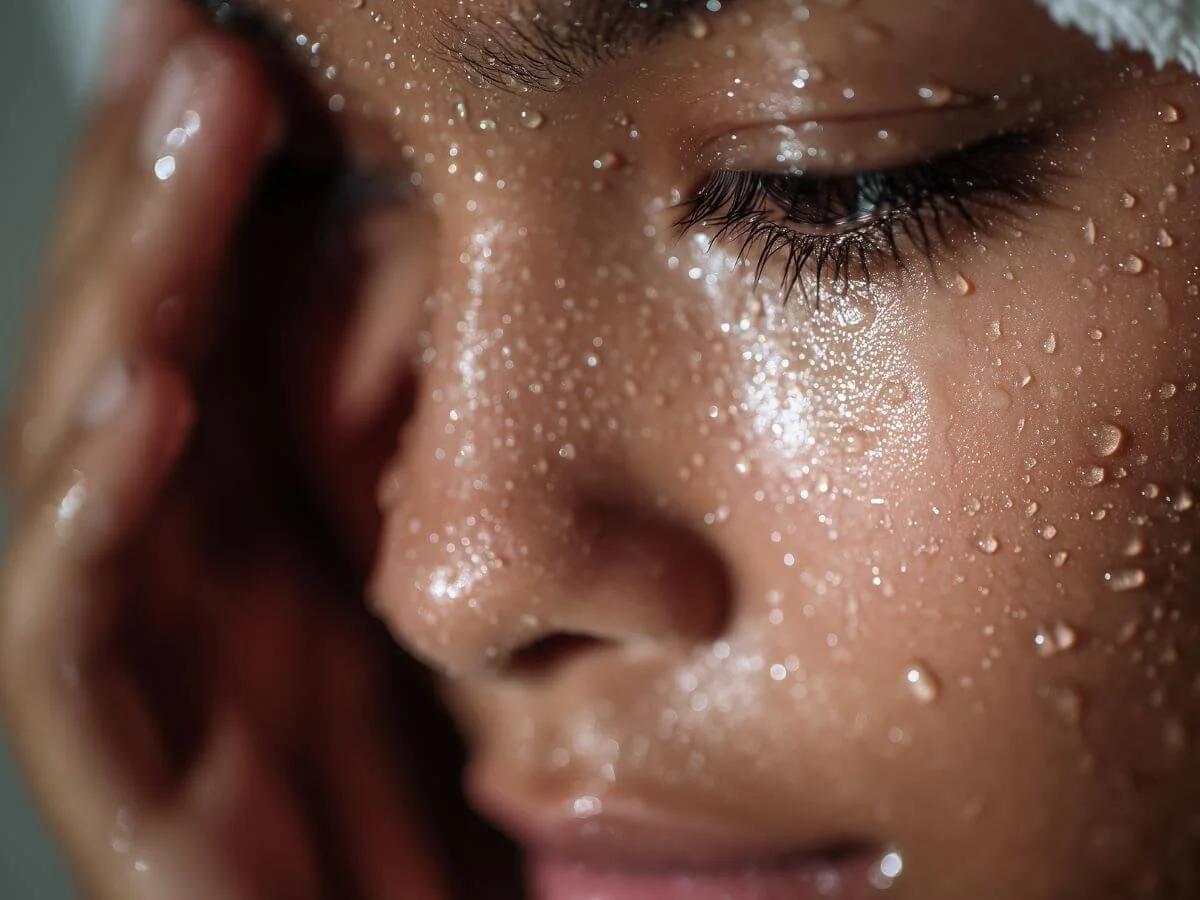 Close-up of a woman cleansing her face, skin covered in water droplets to illustrate hydration and proper skincare cleansing.