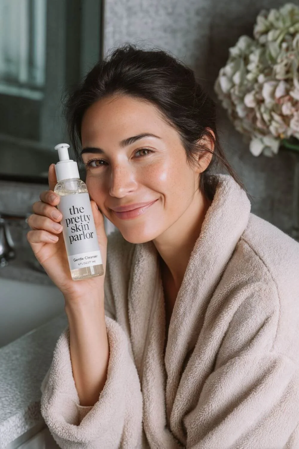 A bright commercial photo of a woman washing her face at the sink — natural light, glass bottles on the counter, clean white towels. Crisp, airy, editorial look inspired by high-end skincare ads.
