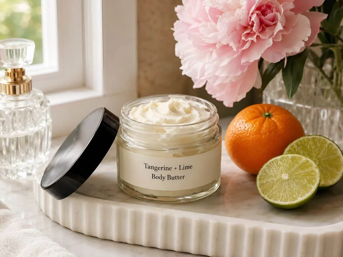 Tangerine and Lime Body Butter in an open glass jar on a marble bathroom vanity tray with fresh tangerine, sliced lime, pink peonies, and a clear perfume bottle.