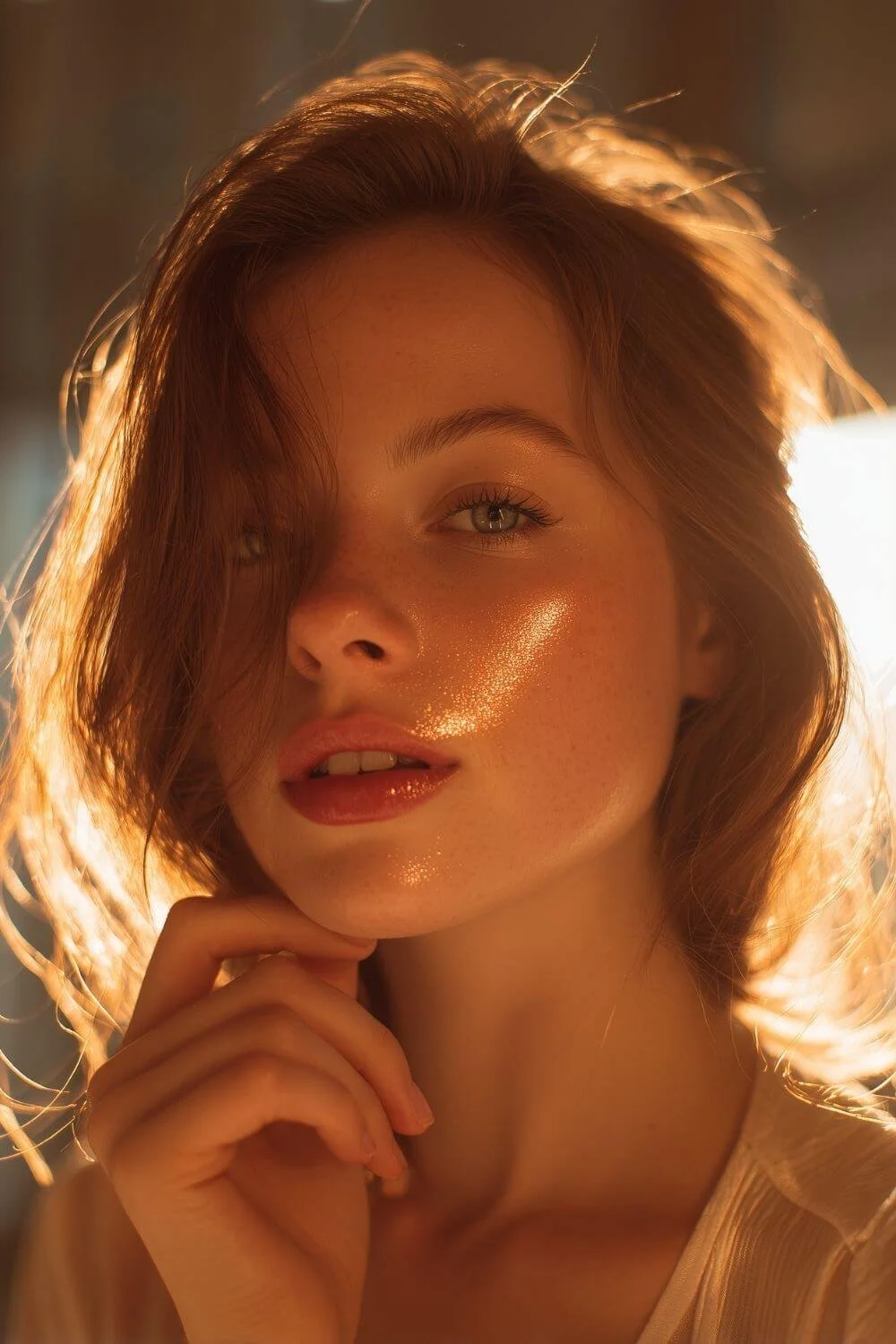 Golden-hour portrait of a woman with glowing, sunlit skin and freckles, resting her hand under her chin.