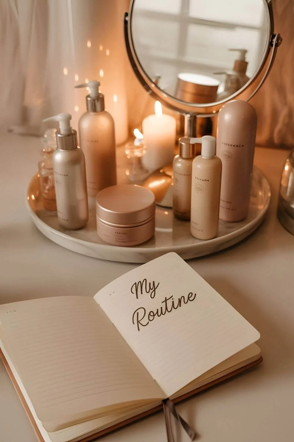 A serene nighttime vanity scene — candle glow, mirror reflection, neatly arranged skincare products, and an open notebook that reads “My Routine.” Beige and gold tones, tranquil and intentional atmosphere.