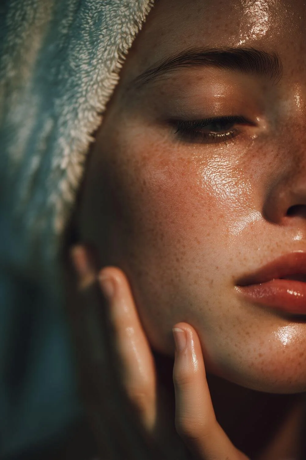Close-up of a woman’s face with dewy, hydrated skin and a towel wrapped around her hair, touching her cheek in soft light.