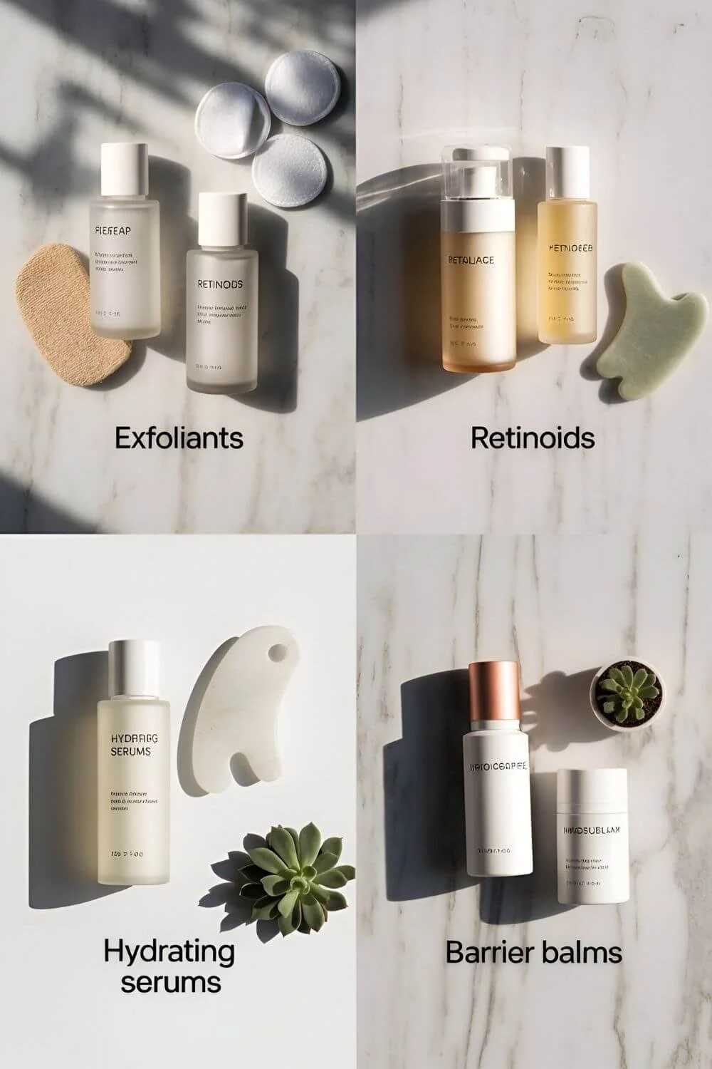 Four-panel skincare collage showing product flat lays labeled “Exfoliants,” “Retinoids,” “Hydrating serums,” and “Barrier balms” on a marble background.
