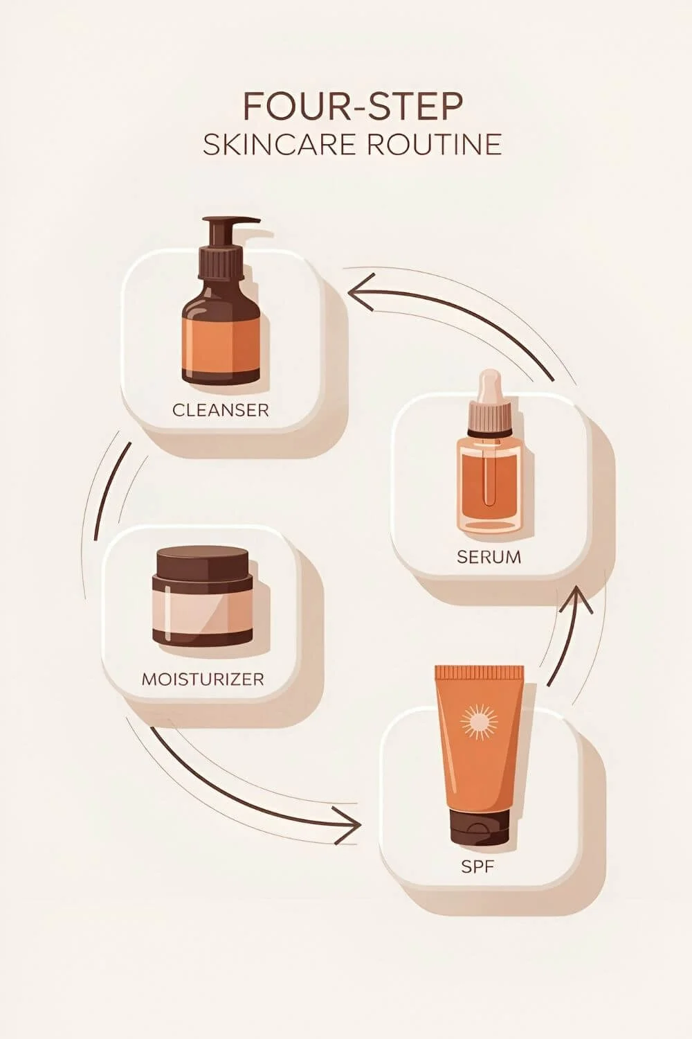 A top-down educational composition showing four labeled steps — Cleanser, Serum, Moisturizer, SPF — displayed with arrows between them. Neutral beige tones, airy composition, editorial quality.