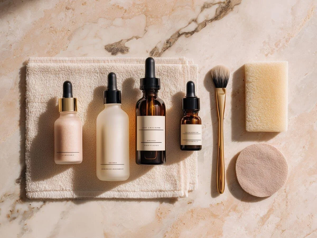 A minimalist editorial flat lay showing various exfoliating skincare products — dropper bottles, serum textures, cotton pads, and a gentle brush — arranged neatly on a marble or linen background in soft beige and blush tones.
