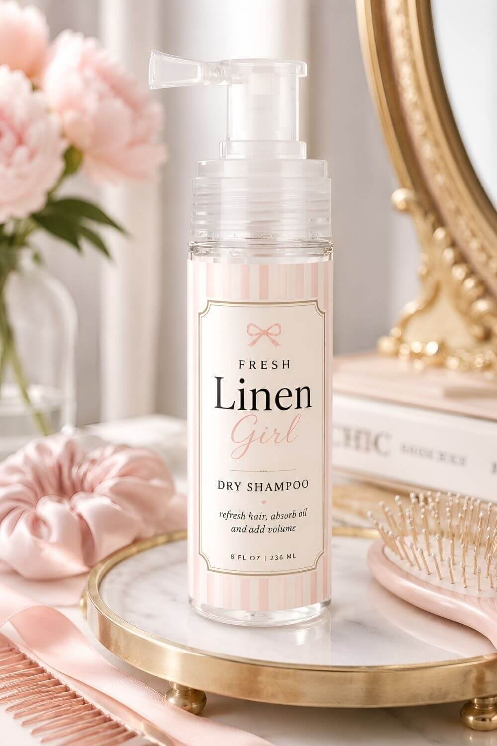 Fresh Linen Girl dry shampoo bottle styled with a pink hairbrush, comb, and soft feminine vanity details.