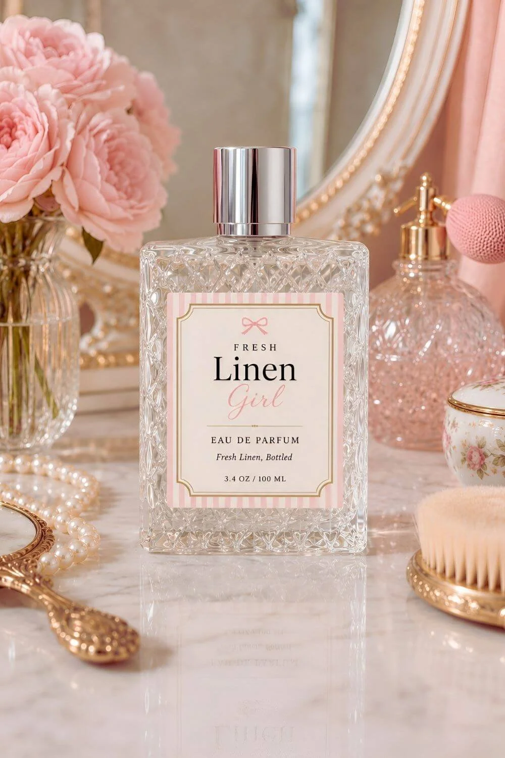 Fresh Linen Girl Eau de Parfum bottle on a vintage vanity with pink roses, pearls, and beauty accessories.