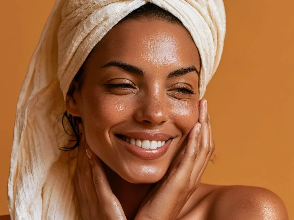 Smiling woman with a towel wrapped around her head applying a dab of facial cream to her nose against a warm amber background.