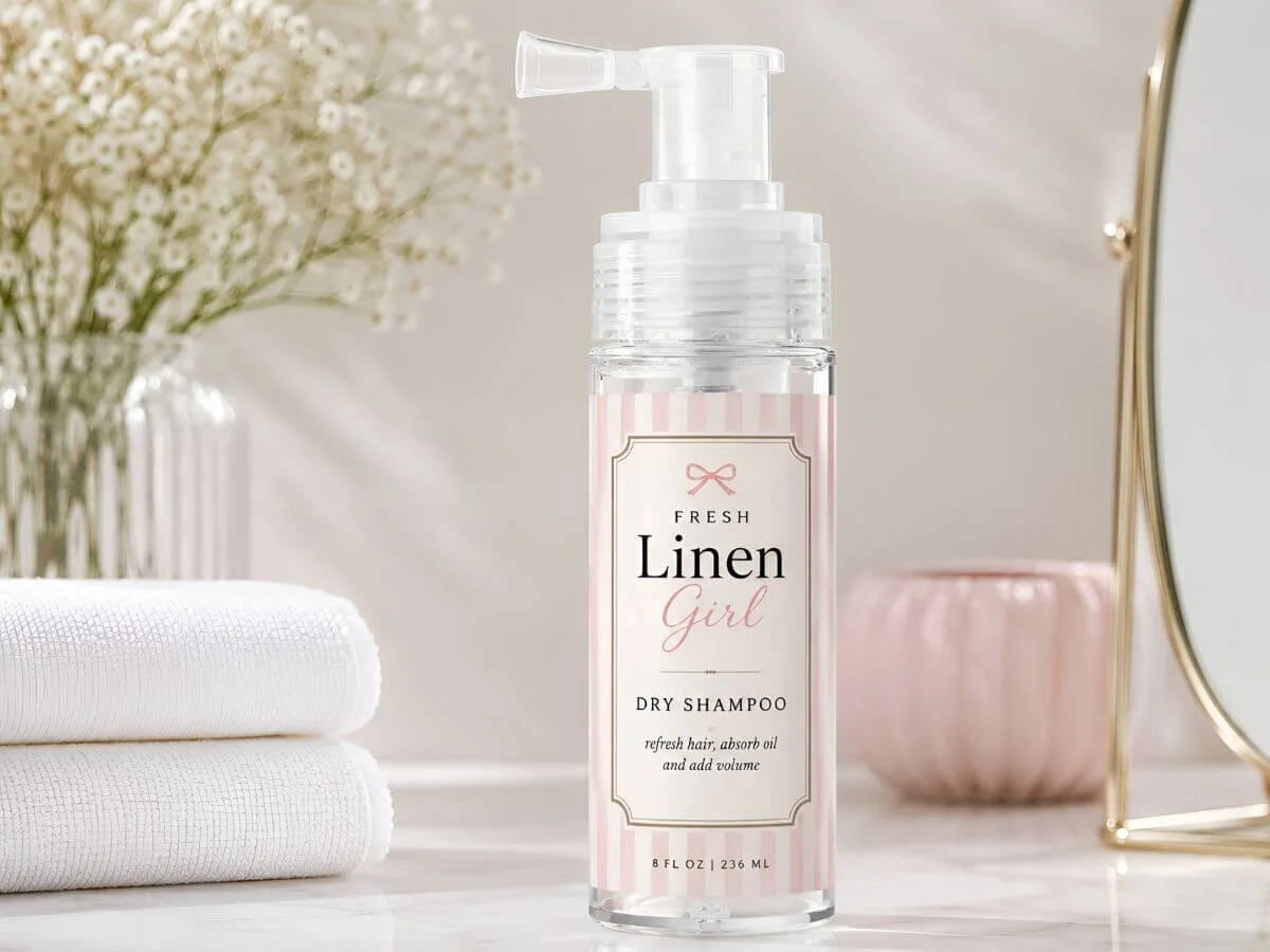 Fresh Linen Girl dry shampoo bottle on a soft bathroom vanity with white towels and a gold mirror.