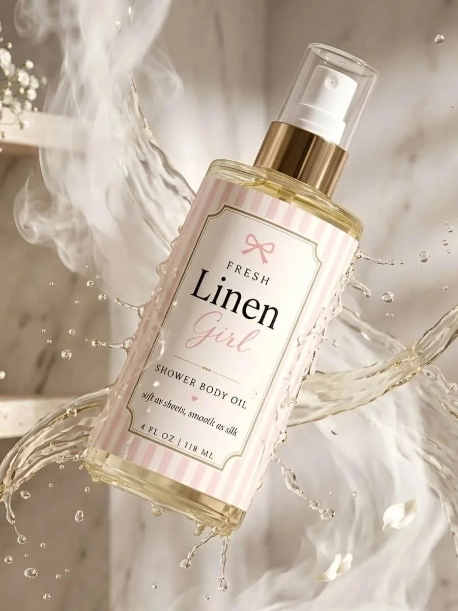 Fresh Linen Girl Shower Body Oil spray bottle with pale golden oil, pink-and-cream label, white towels, and soft floral accents in a clean spa-style setting.
