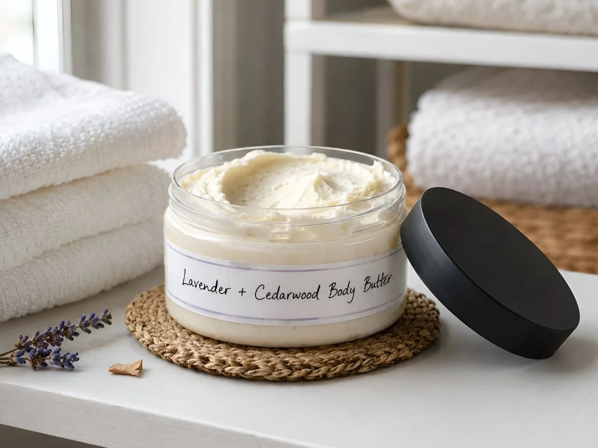Homemade Lavender and Cedarwood Body Butter in an 8 oz jar on a linen shelf with folded towels.