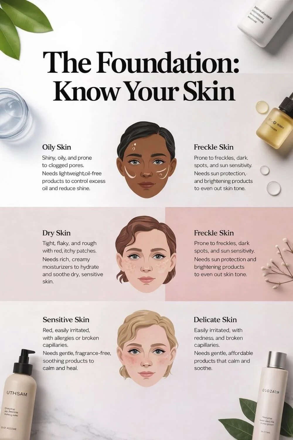 Infographic titled “The Foundation: Know Your Skin” outlining skin types (oily, dry, sensitive, and delicate/freckle-prone) with illustrated faces and brief skincare tips for each.
