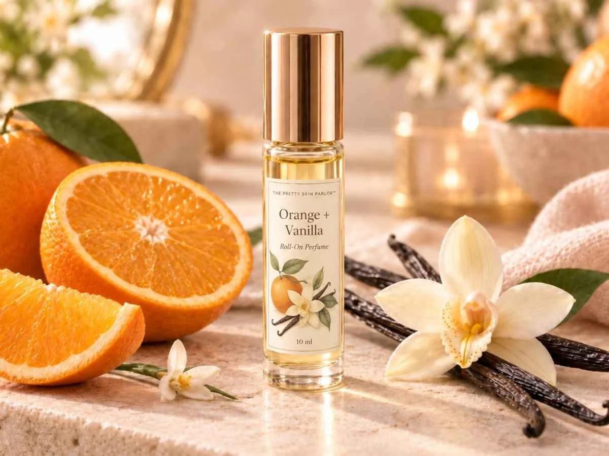 Handcrafted Orange Vanilla Roll-On Perfume Oil bottle surrounded by orange slices and vanilla pods.