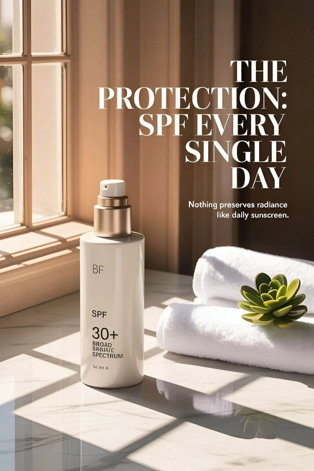 Graphic reading “The Protection: SPF Every Single Day” showing an SPF 30+ sunscreen bottle by a sunlit window with folded towels and a small succulent.