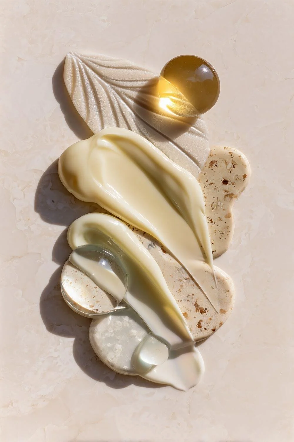 A soft editorial still life with skincare textures a glossy serum smear, creamy moisturizer swipe, and clear gel drop arranged artistically on a clean white or marble surface with diffused natural light.
