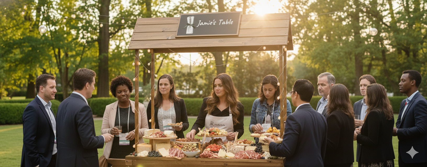 People gathered around a dessert table labeled 'Jamie's Table' outdoors, with trees and greenery in the background, as the sun sets.