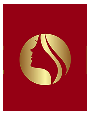A circular logo with a gold silhouette of a woman's profile and flowing hair on a red background.