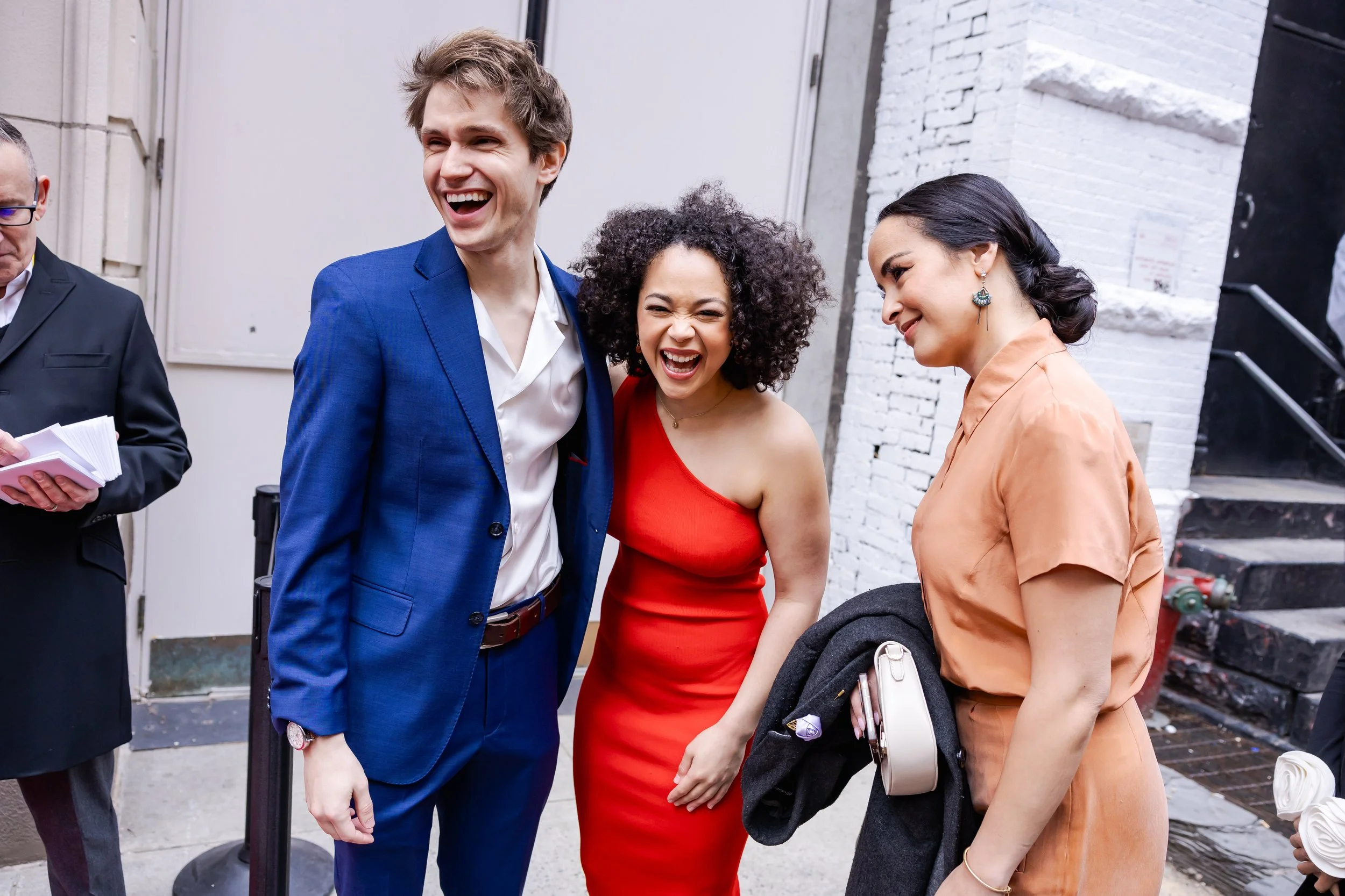 John Cardoza and Jordan Tyson laughing at opening night of Mary Jane at MTC 