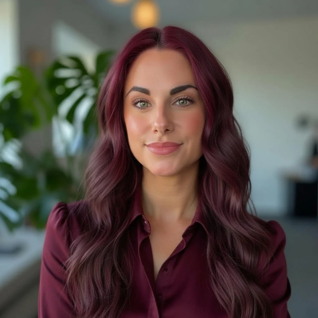 A woman with long, wavy burgundy hair and piercing green eyes looks directly at the camera with a slight smile, wearing a burgundy blouse, in an indoor setting with blurred background and a large green plant.
