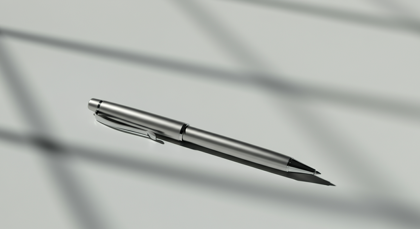 A sleek metallic silver pen resting on a light-colored surface with soft shadows