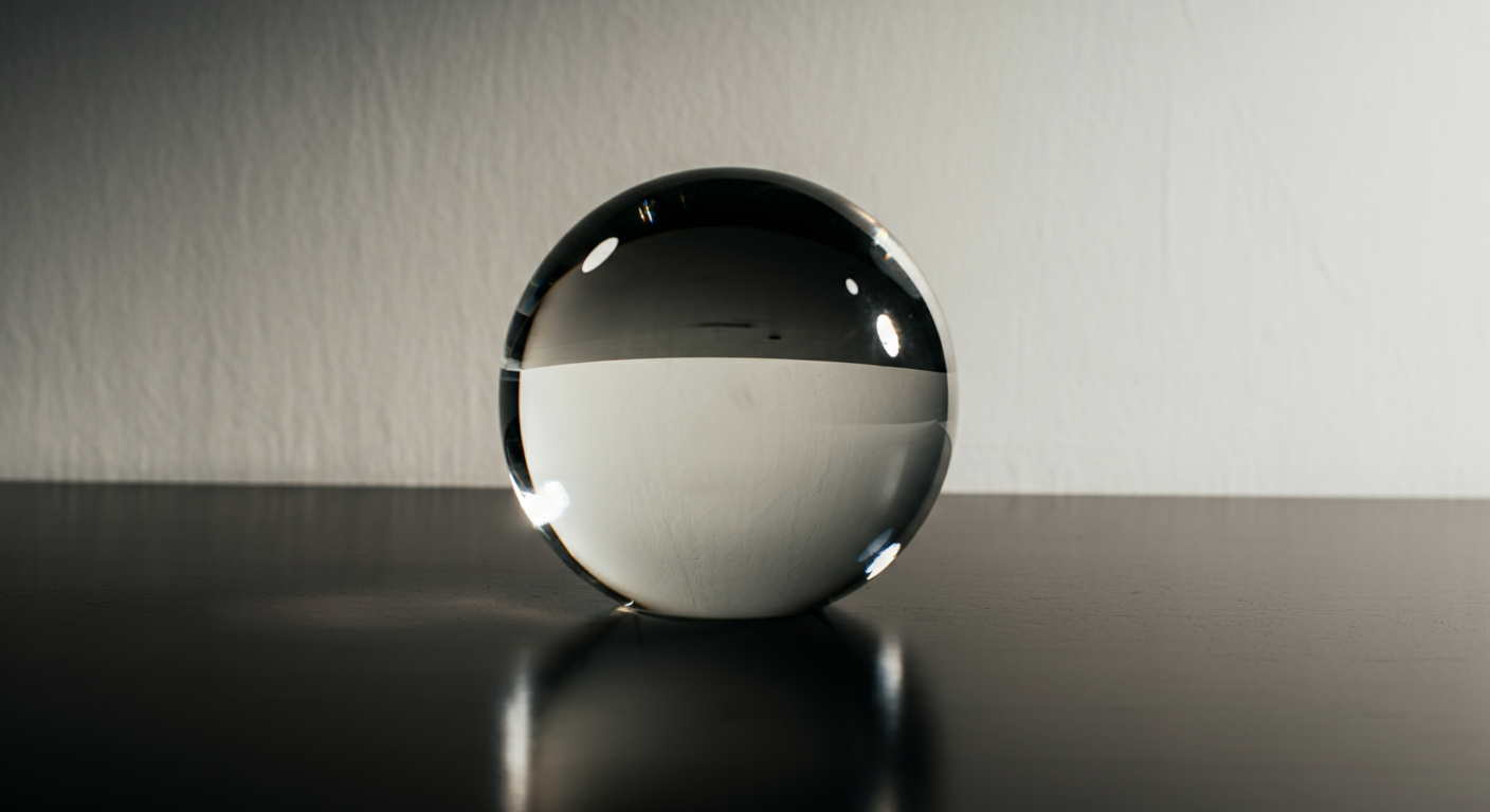 Close-up of a glass crystal ball on a dark surface, reflecting a white wall in the background.