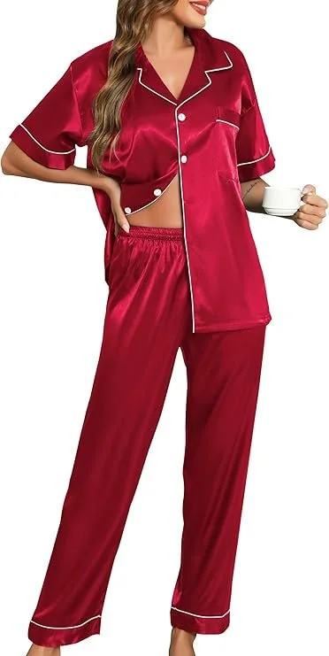 Valentines Day red satin pajamas set for women- stylish sleep gift