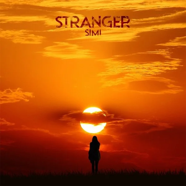 Silhouette of a person standing on grass at sunset with a large sun partially hidden behind clouds, orange sky, and the text 'STRANGER SIMI' at the top.