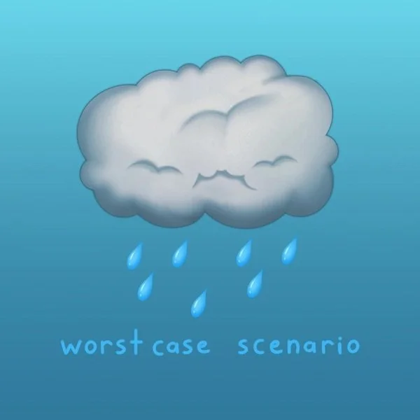 Illustration of a dark gray rain cloud with blue raindrops falling and the words "worst case scenario" written beneath.